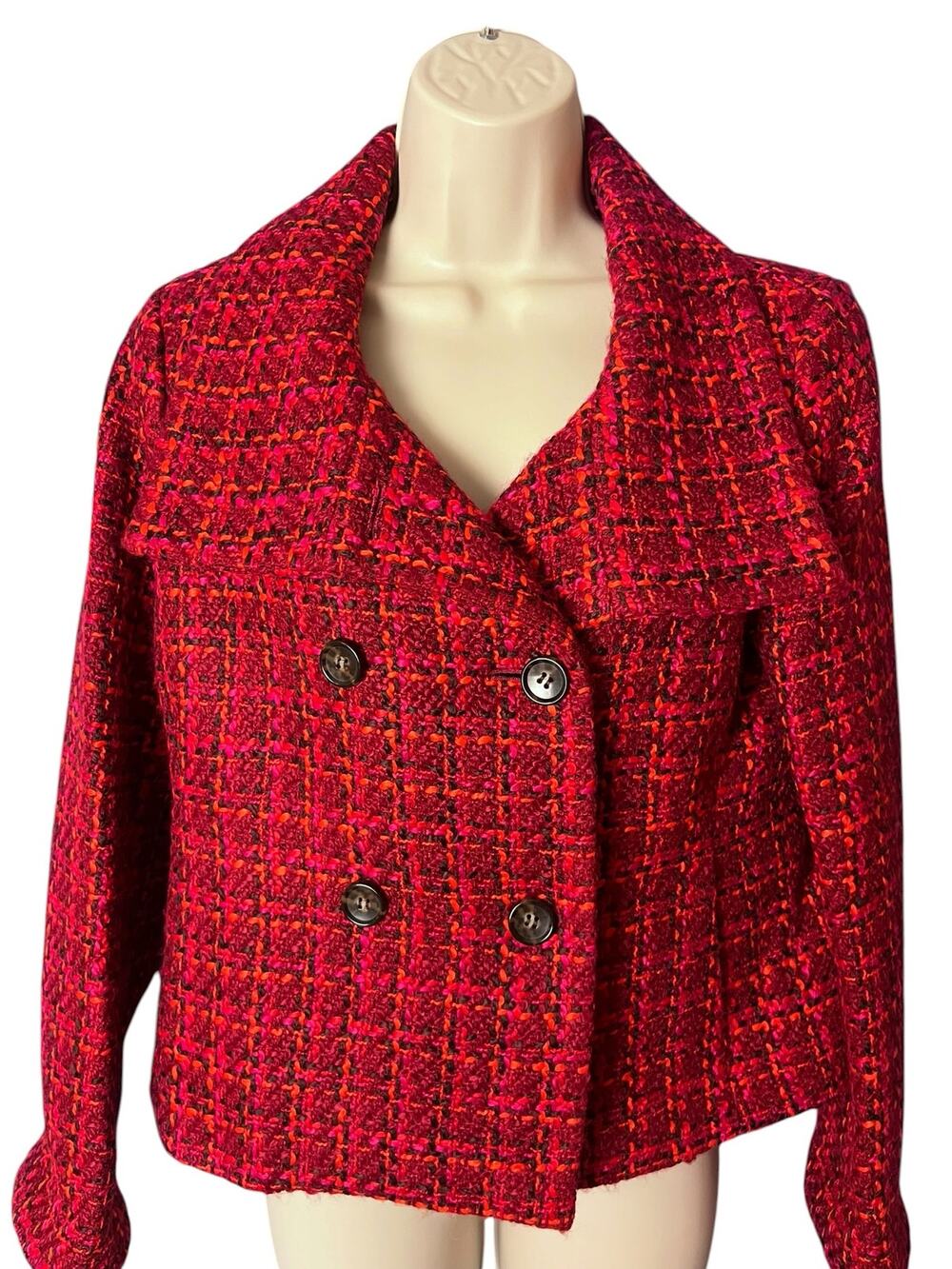 Talbots Petites Cropped Boucle Tweed Jacket Blazer 6P Double Breasted Red Pink